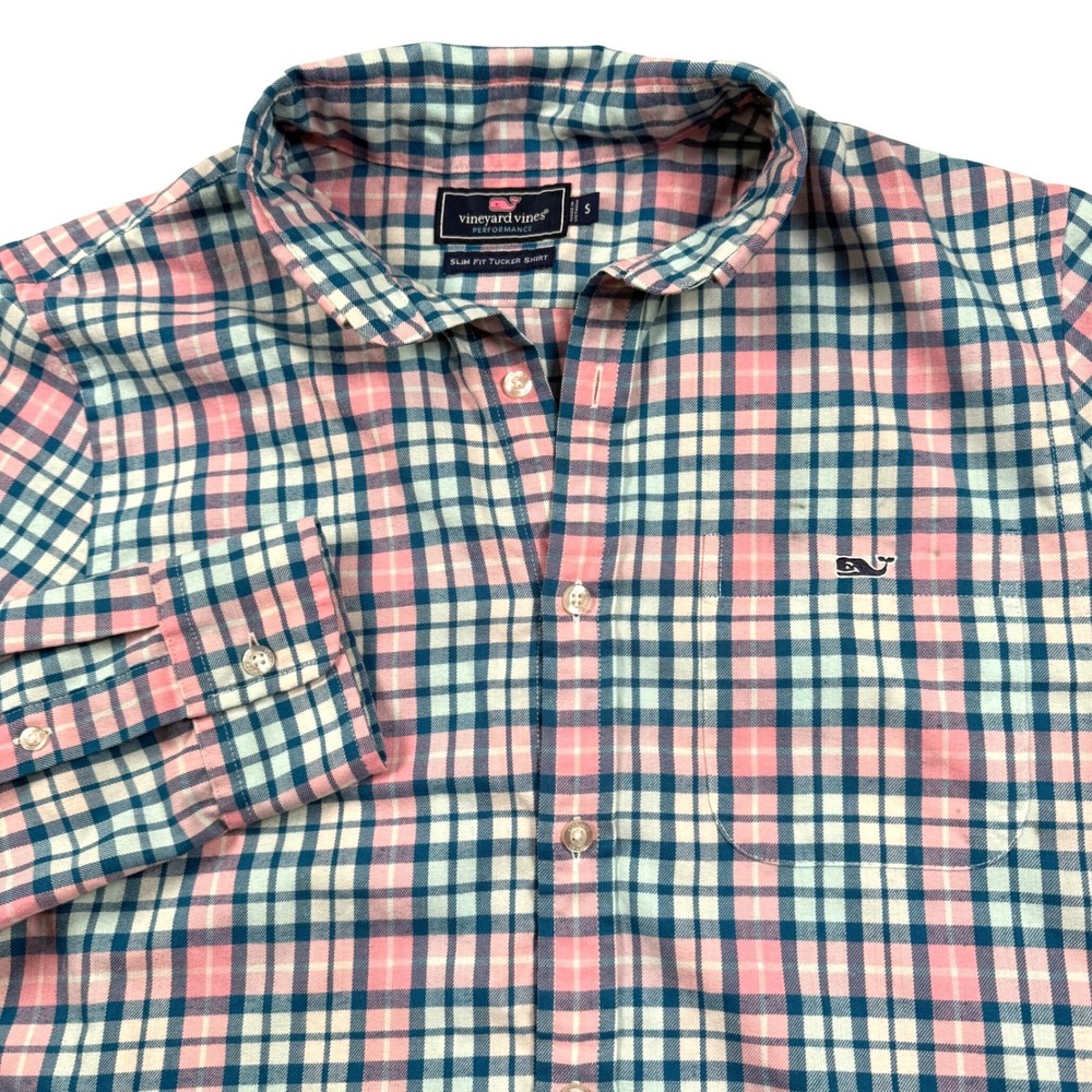 Vineyard Vines Tucker Shirt Mens S Pink Blue Plaid Slim Fit Performance 1W3121